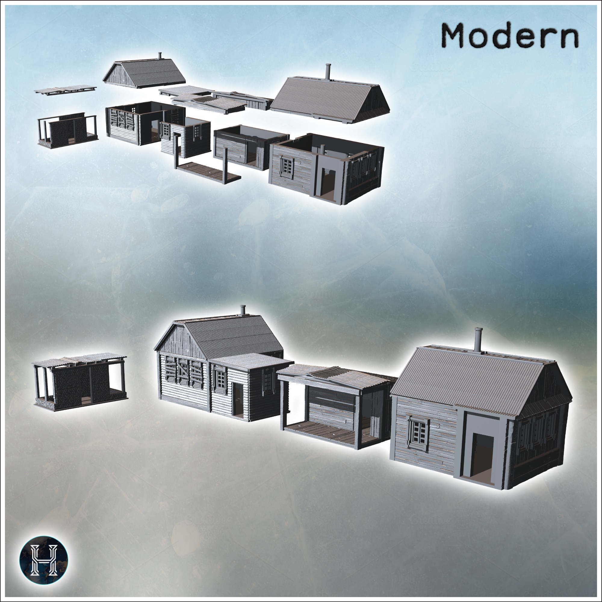 Simple wooden houses with porches, metal and wooden structures in a row (13) - Modern WW2 WW1 World War Diaroma Wargaming RPG Mini Hobby